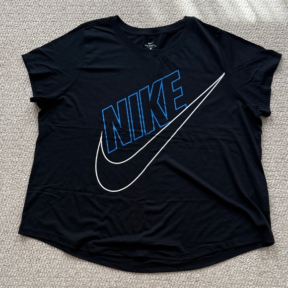 Women’s Nike Black Dri-Fit Tee with Striking Blue and White Logo - Picture 1 of 5